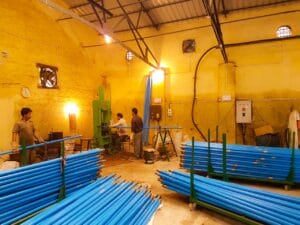 PVC and stainless steel riser pipes being manufactured at the SKI factory