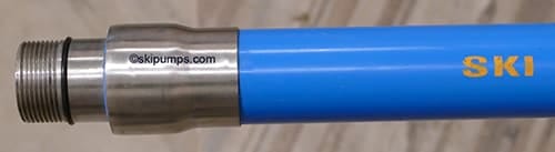 Blue PVC pipe fitted with a stainless steel male-threaded end coupling, branded SKI