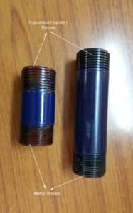 Two CI adaptors with square threads on one end and metric threads on the other, shown in two lengths