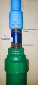 Labeled diagram of a PVC riser pipe connecting to the cylinder assembly via a CI adaptor with square and metric threads