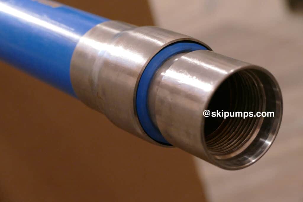 Female stainless steel socket end of a PVC riser pipe with SS ends for India Mark 2 hand pump